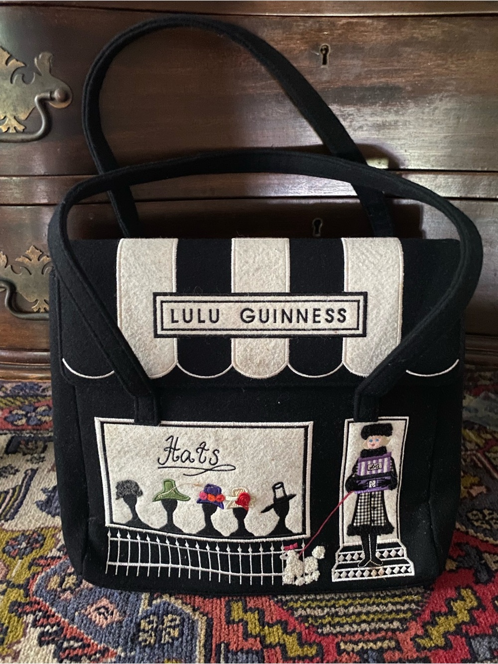 Lulu Guinness Black and Cream Appliqué Felt Handbag